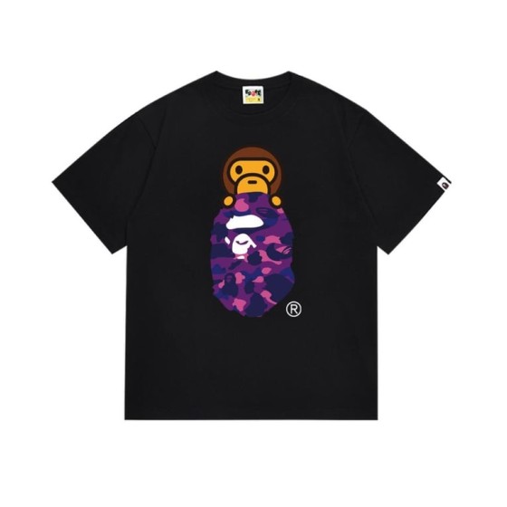 Black BAPE T-Shirt with Purple Camo Ape Head and Baby Milo